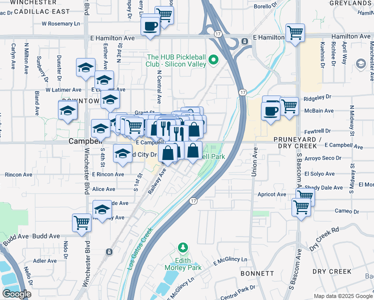 map of restaurants, bars, coffee shops, grocery stores, and more near 488 East Campbell Avenue in Campbell