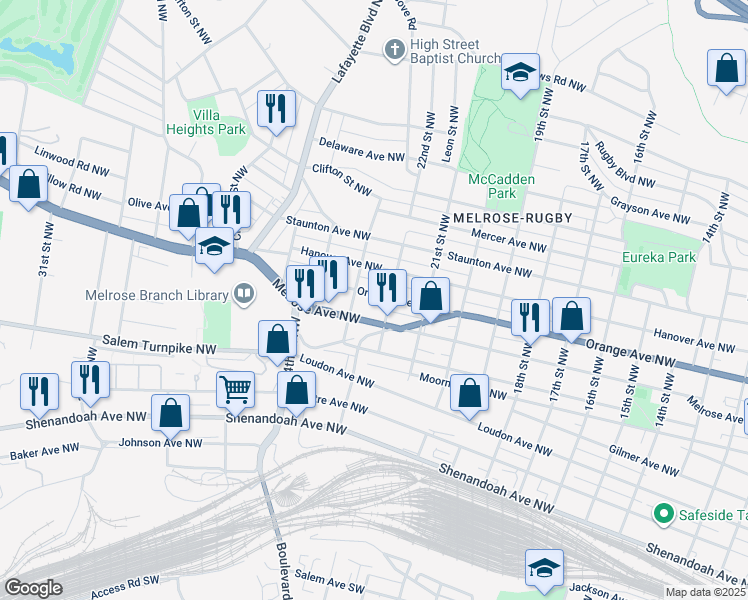 map of restaurants, bars, coffee shops, grocery stores, and more near 2216 Orange Avenue Northwest in Roanoke