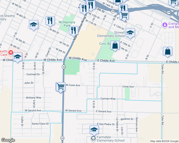 map of restaurants, bars, coffee shops, grocery stores, and more near 15 West Starling Court in Merced
