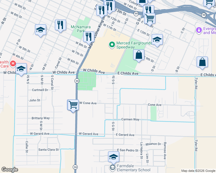 map of restaurants, bars, coffee shops, grocery stores, and more near 49 West Swallow Street in Merced