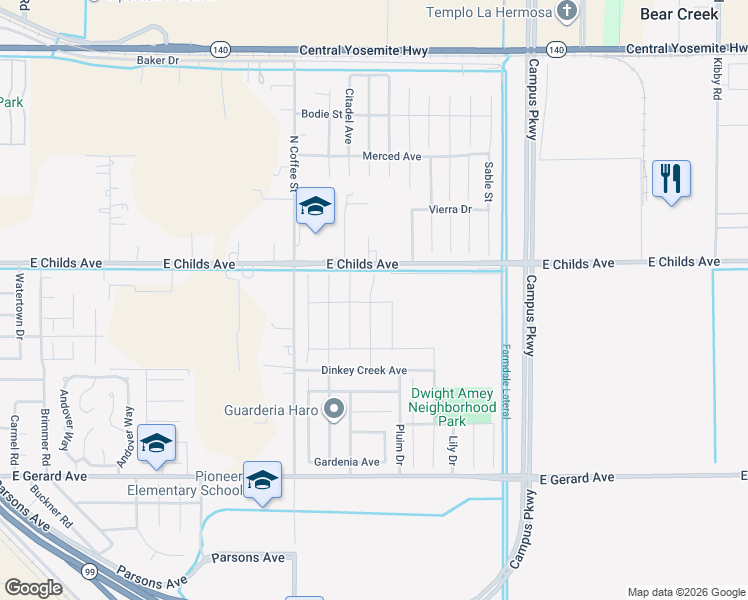 map of restaurants, bars, coffee shops, grocery stores, and more near 3151 Yuba River Drive in Merced