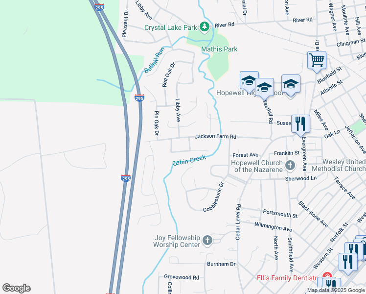 map of restaurants, bars, coffee shops, grocery stores, and more near 3705 Woodside Court in Hopewell