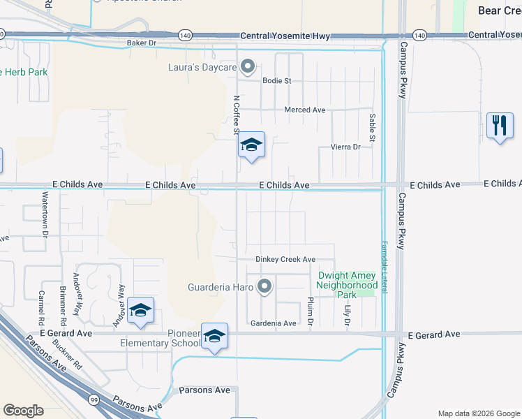 map of restaurants, bars, coffee shops, grocery stores, and more near 3153 East Childs Avenue in Merced