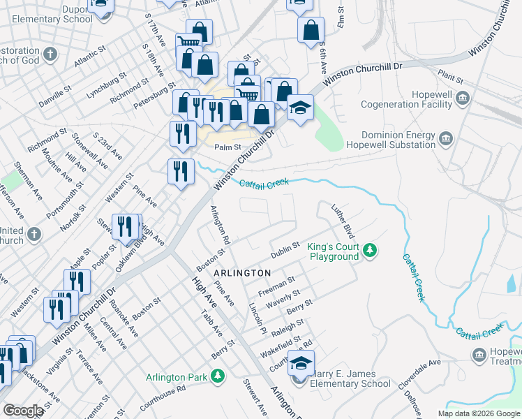 map of restaurants, bars, coffee shops, grocery stores, and more near 1105 Maryville Avenue in Hopewell