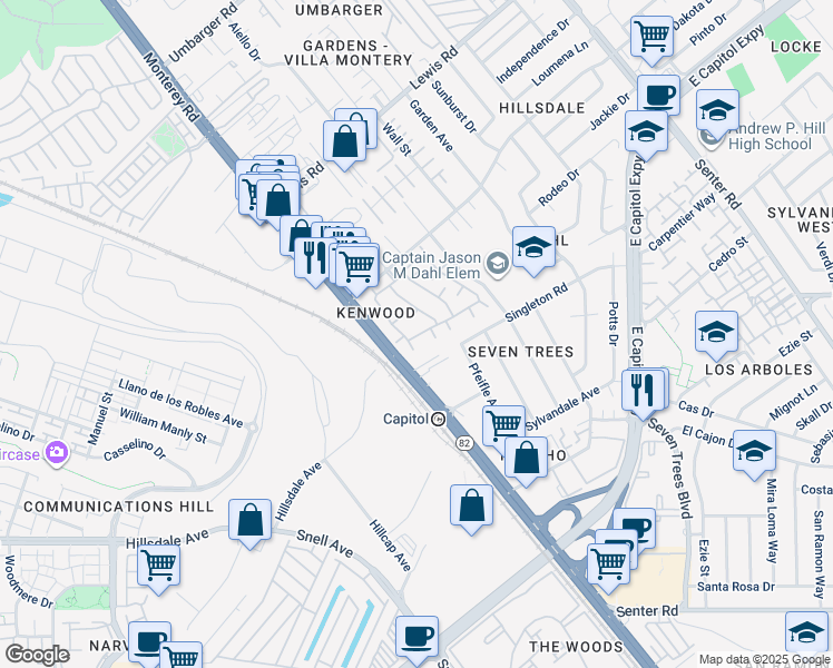 map of restaurants, bars, coffee shops, grocery stores, and more near 3173 Kenland Drive in San Jose