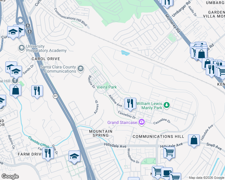 map of restaurants, bars, coffee shops, grocery stores, and more near 2970 Larciano Street in San Jose