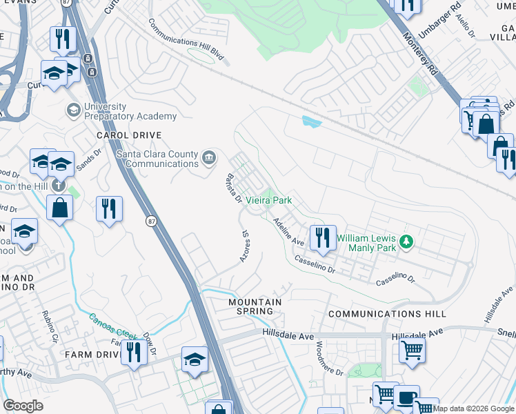 map of restaurants, bars, coffee shops, grocery stores, and more near 2988 Grassina Street in San Jose