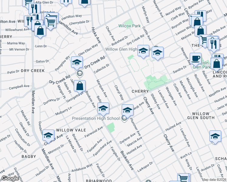 map of restaurants, bars, coffee shops, grocery stores, and more near 2131 Cheryl Way in San Jose