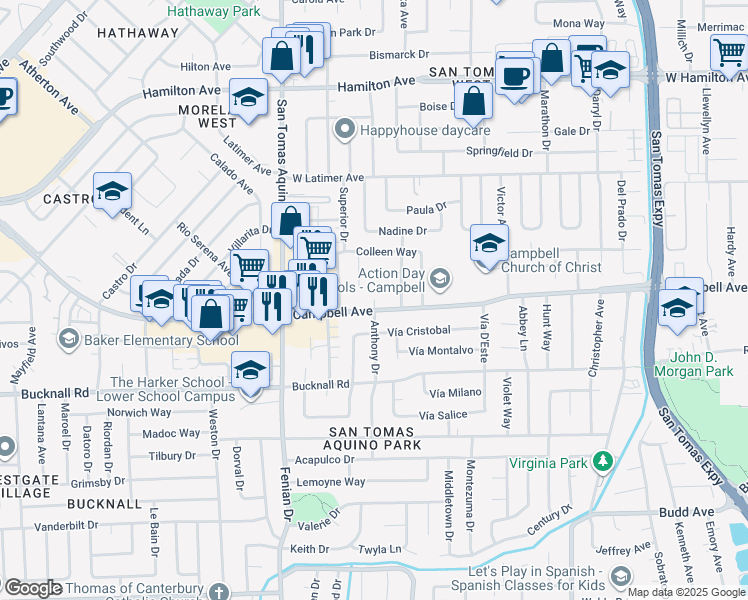 map of restaurants, bars, coffee shops, grocery stores, and more near 1270 Lorelei Court in Campbell