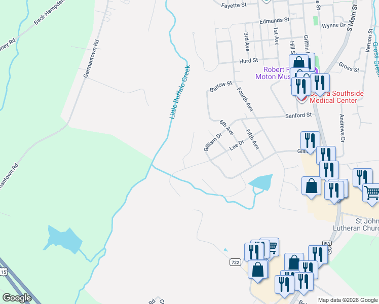 map of restaurants, bars, coffee shops, grocery stores, and more near 100-198 Russell's Way in Farmville