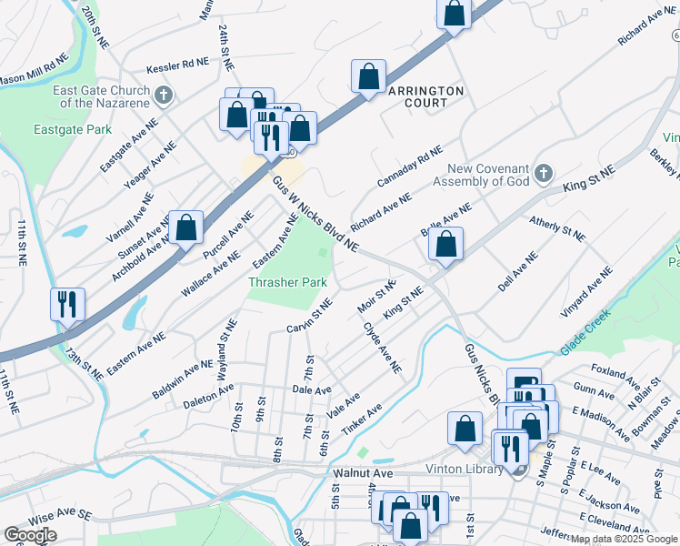 map of restaurants, bars, coffee shops, grocery stores, and more near 801-899 Old Vinton Mill Rd NE in Roanoke