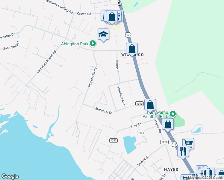 map of restaurants, bars, coffee shops, grocery stores, and more near 2716 Hawkins Avenue in Gloucester Point