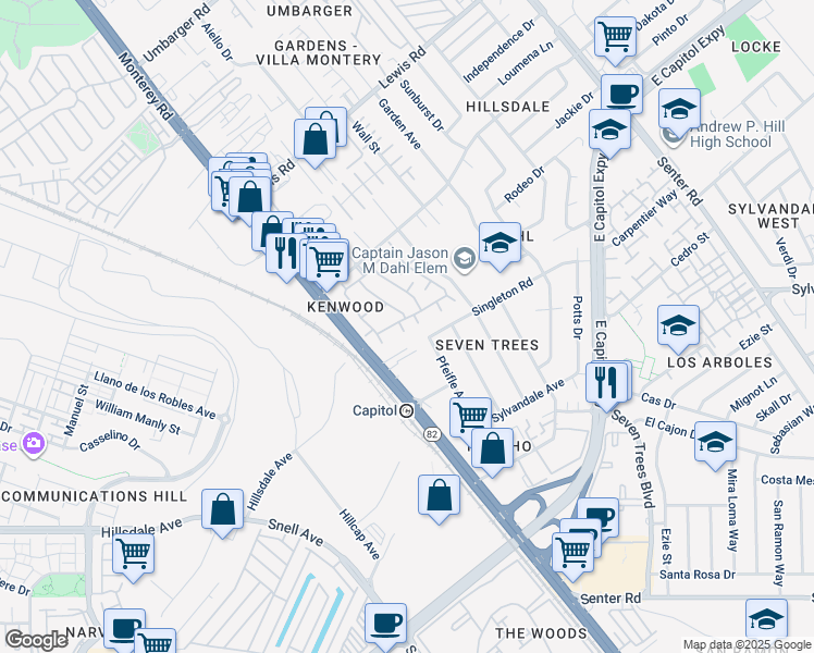 map of restaurants, bars, coffee shops, grocery stores, and more near 245 Kenbrook Circle in San Jose