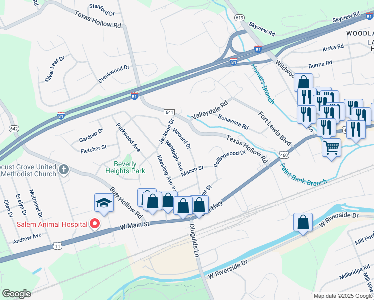 map of restaurants, bars, coffee shops, grocery stores, and more near 233 Howard Drive in Salem