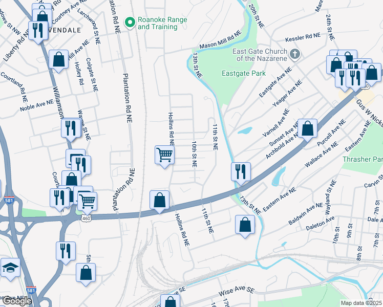 map of restaurants, bars, coffee shops, grocery stores, and more near 1604 10th Street Northeast in Roanoke