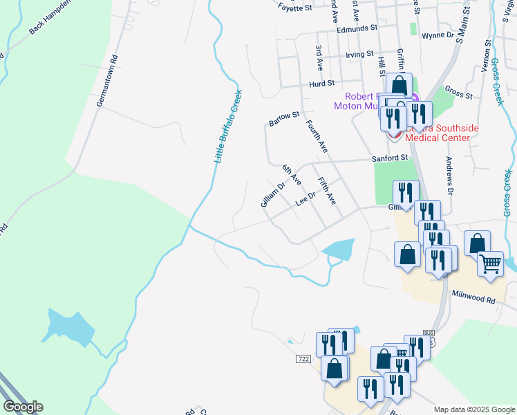 map of restaurants, bars, coffee shops, grocery stores, and more near 1505 Gilliam Drive in Farmville