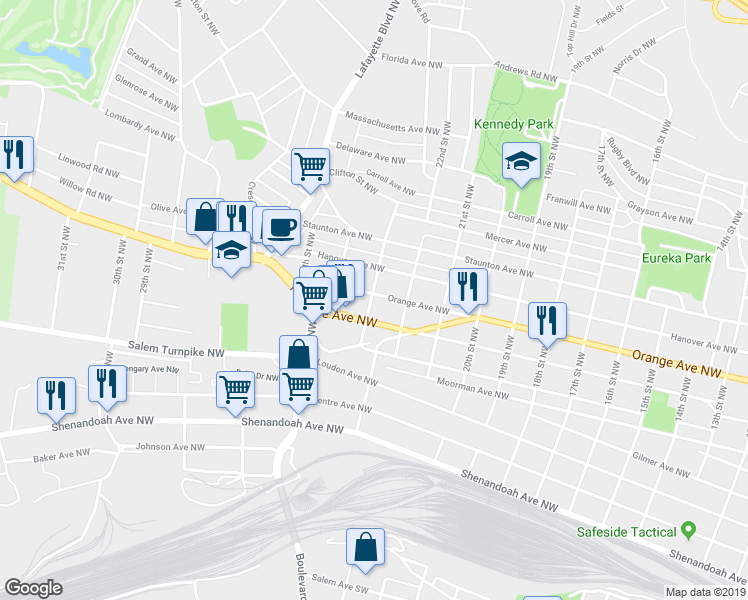 map of restaurants, bars, coffee shops, grocery stores, and more near 2230 Orange Avenue Northwest in Roanoke
