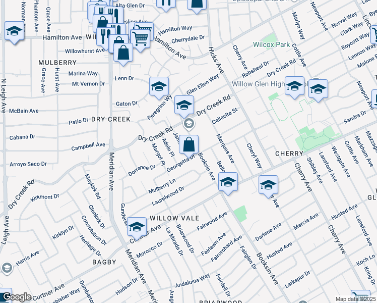 map of restaurants, bars, coffee shops, grocery stores, and more near 2020 James Place in San Jose