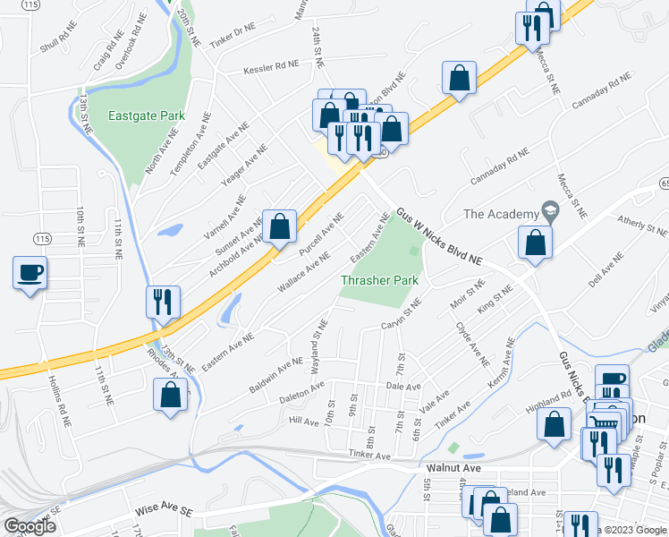 map of restaurants, bars, coffee shops, grocery stores, and more near 1814 Eastern Avenue Northeast in Roanoke