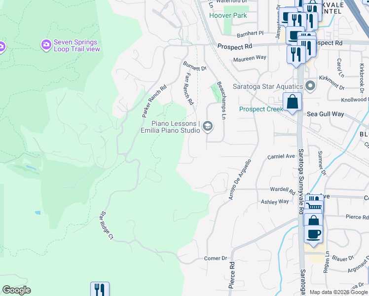 map of restaurants, bars, coffee shops, grocery stores, and more near 12359 Farr Ranch Road in Saratoga