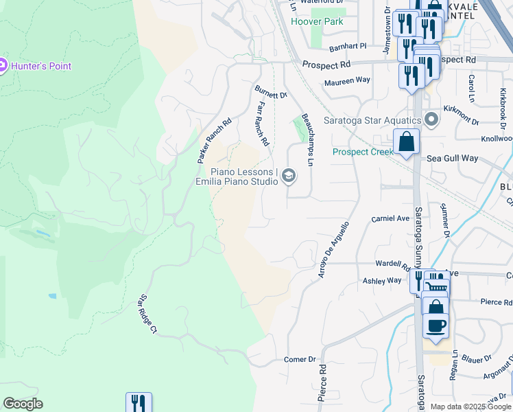 map of restaurants, bars, coffee shops, grocery stores, and more near 12359 Farr Ranch Road in Saratoga