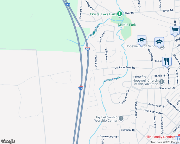 map of restaurants, bars, coffee shops, grocery stores, and more near 3910 Jackson Farm Road in Hopewell