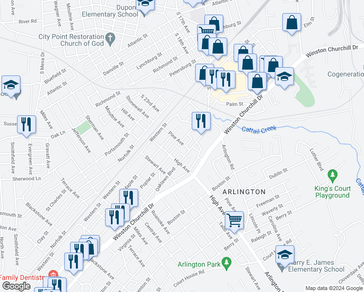 map of restaurants, bars, coffee shops, grocery stores, and more near 900 Pine Avenue in Hopewell