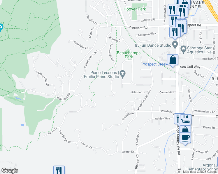 map of restaurants, bars, coffee shops, grocery stores, and more near 12359 Farr Ranch Road in Saratoga