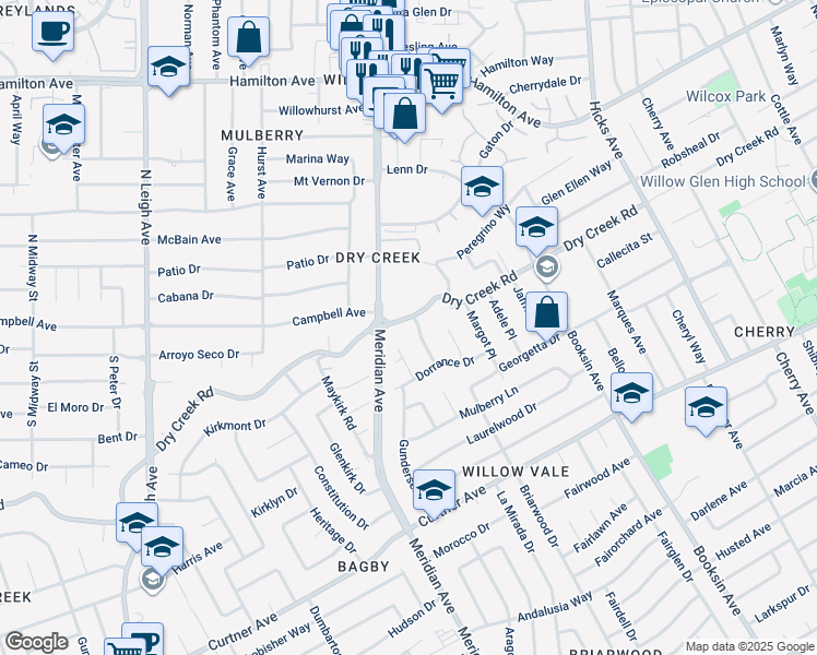 map of restaurants, bars, coffee shops, grocery stores, and more near 1734 Dry Creek Road in San Jose