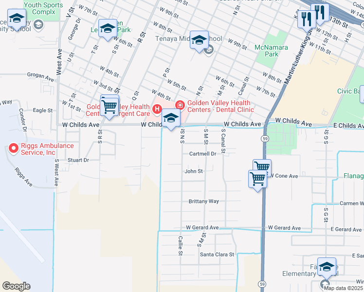 map of restaurants, bars, coffee shops, grocery stores, and more near 123 South N Street in Merced