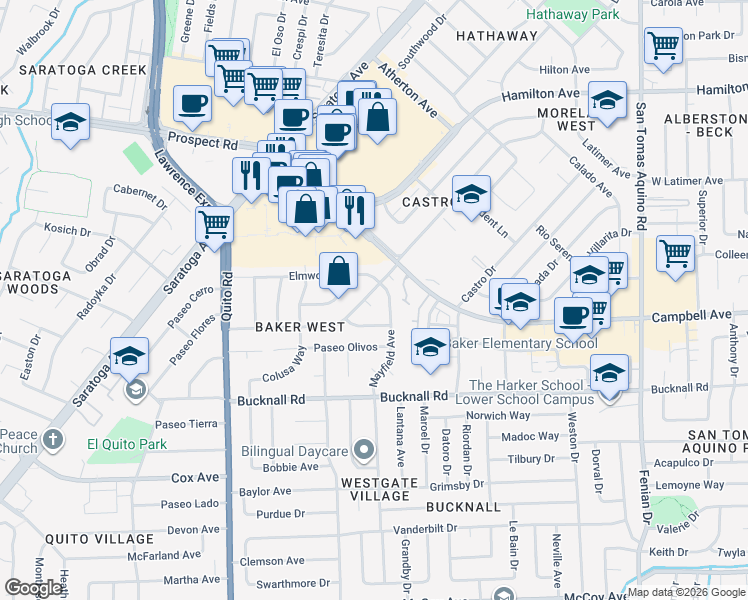 map of restaurants, bars, coffee shops, grocery stores, and more near 1914 Mayfield Avenue in San Jose