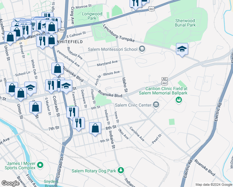 map of restaurants, bars, coffee shops, grocery stores, and more near 801 Roanoke Blvd in Salem