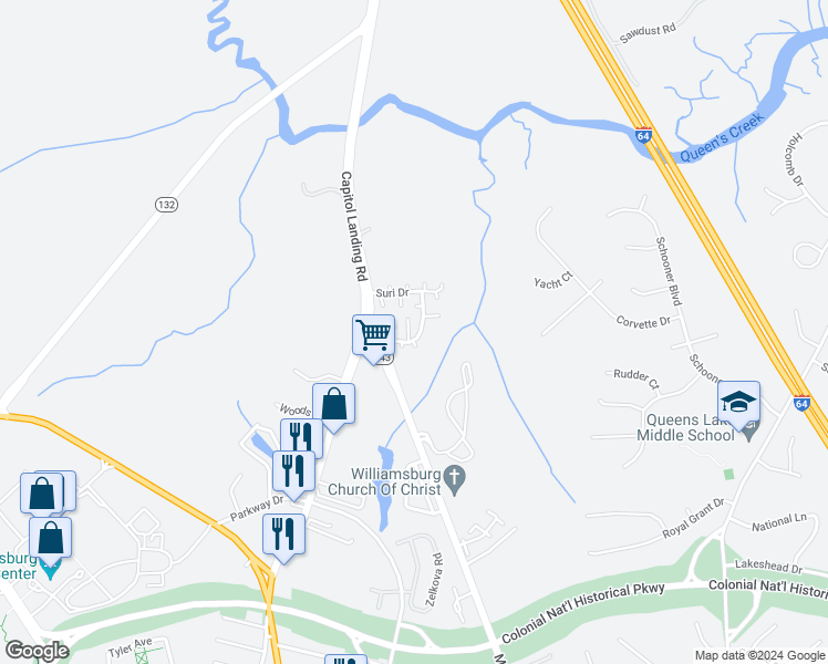 map of restaurants, bars, coffee shops, grocery stores, and more near 400 Shaindel Drive in Williamsburg