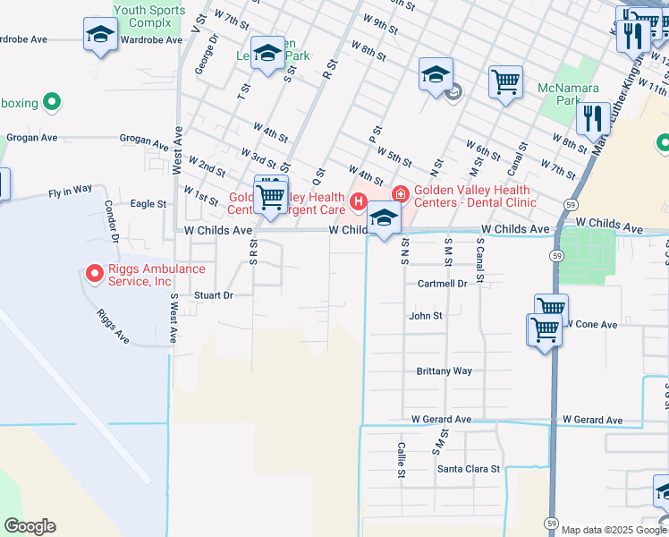 map of restaurants, bars, coffee shops, grocery stores, and more near 872 Joyce Avenue in Merced