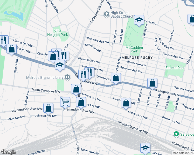 map of restaurants, bars, coffee shops, grocery stores, and more near 2230 Orange Avenue Northwest in Roanoke