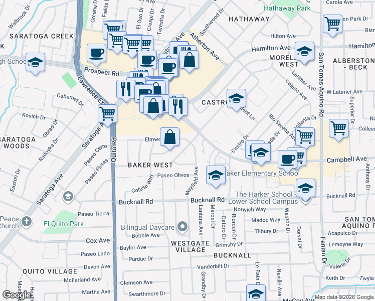 map of restaurants, bars, coffee shops, grocery stores, and more near 1914 Mayfield Avenue in San Jose
