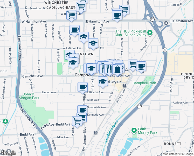 map of restaurants, bars, coffee shops, grocery stores, and more near 116 East Campbell Avenue in Campbell