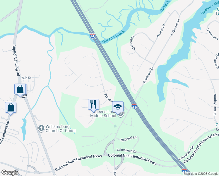 map of restaurants, bars, coffee shops, grocery stores, and more near 105 Jib Court in Williamsburg