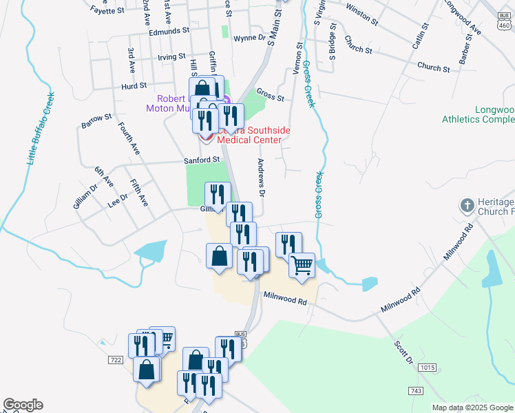 map of restaurants, bars, coffee shops, grocery stores, and more near 1203 Andrews Drive in Farmville