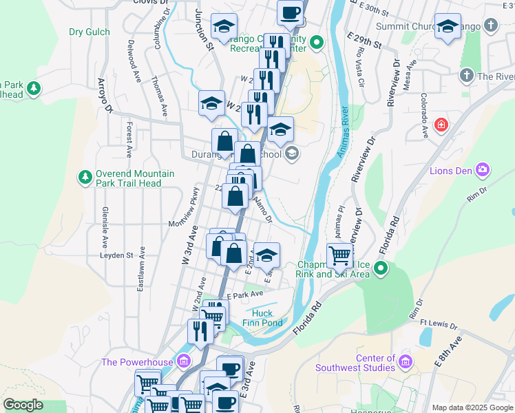 map of restaurants, bars, coffee shops, grocery stores, and more near 100 Alamo Drive in Durango