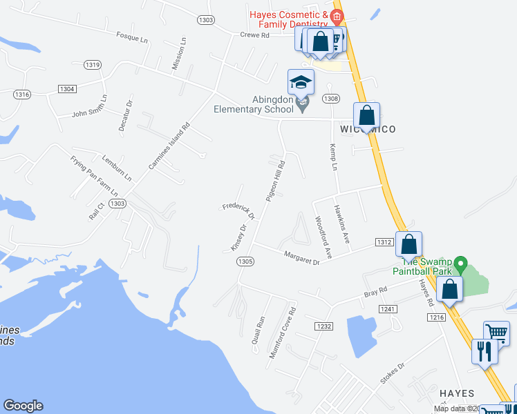 map of restaurants, bars, coffee shops, grocery stores, and more near 2696 Pigeon Hill Road in Gloucester Point