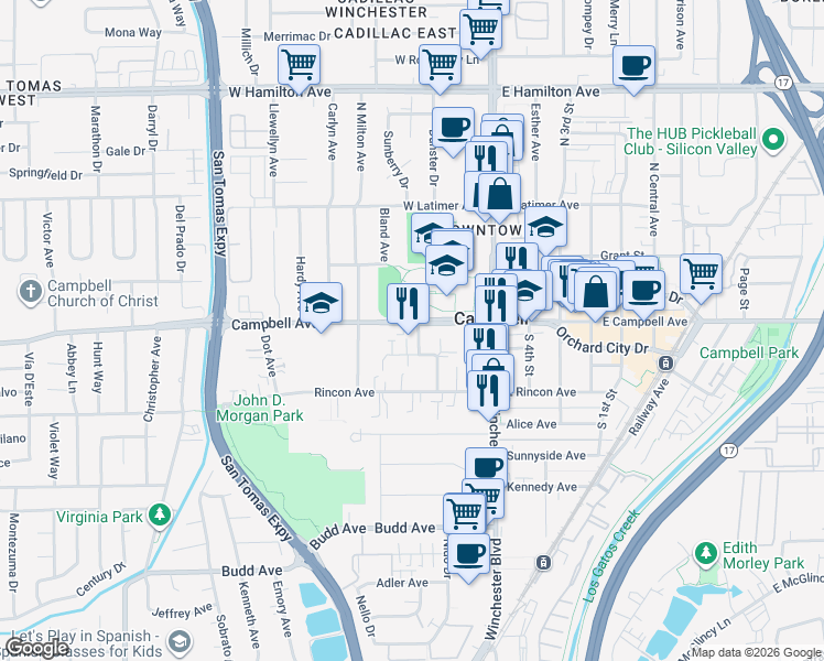 map of restaurants, bars, coffee shops, grocery stores, and more near 182 West Campbell Avenue in Campbell