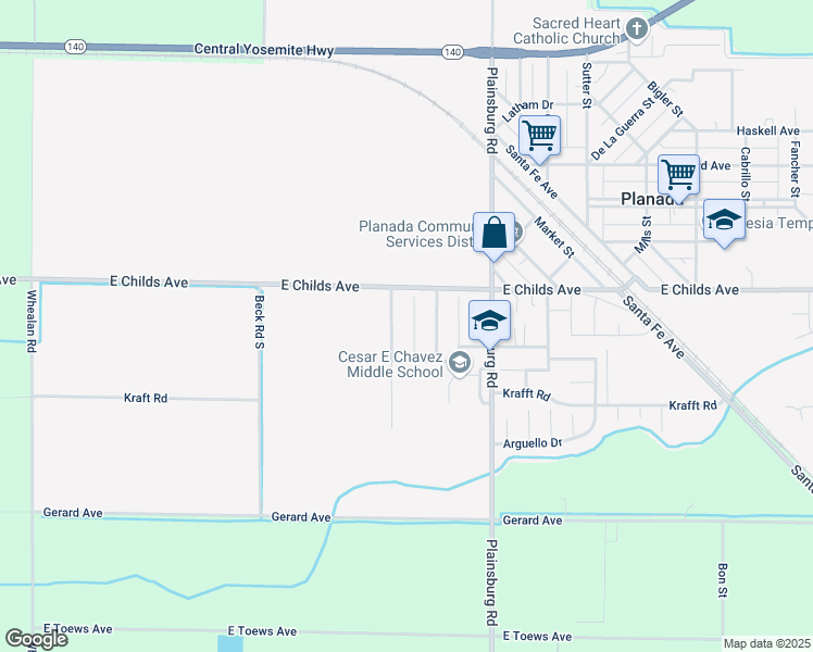 map of restaurants, bars, coffee shops, grocery stores, and more near 58 South Dana Court in Planada