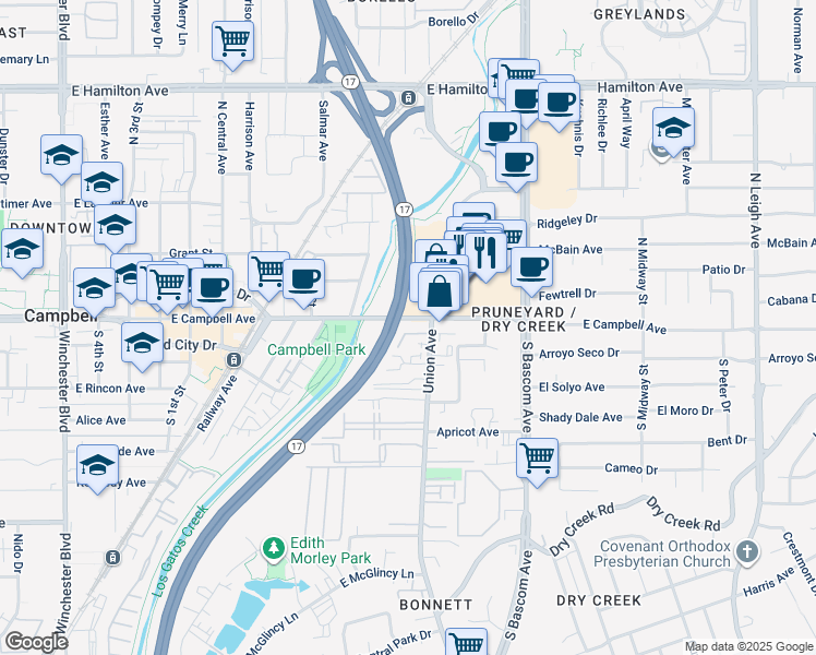 map of restaurants, bars, coffee shops, grocery stores, and more near 760 East Campbell Avenue in Campbell