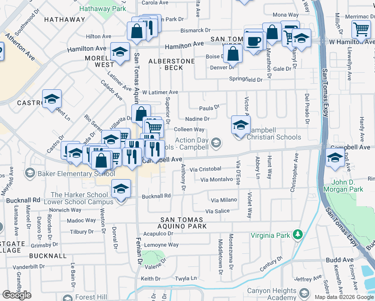 map of restaurants, bars, coffee shops, grocery stores, and more near 1270 Lorelei Court in Campbell