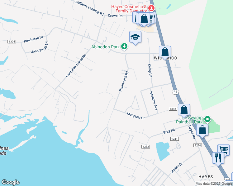map of restaurants, bars, coffee shops, grocery stores, and more near 2696 Pigeon Hill Road in Gloucester Point