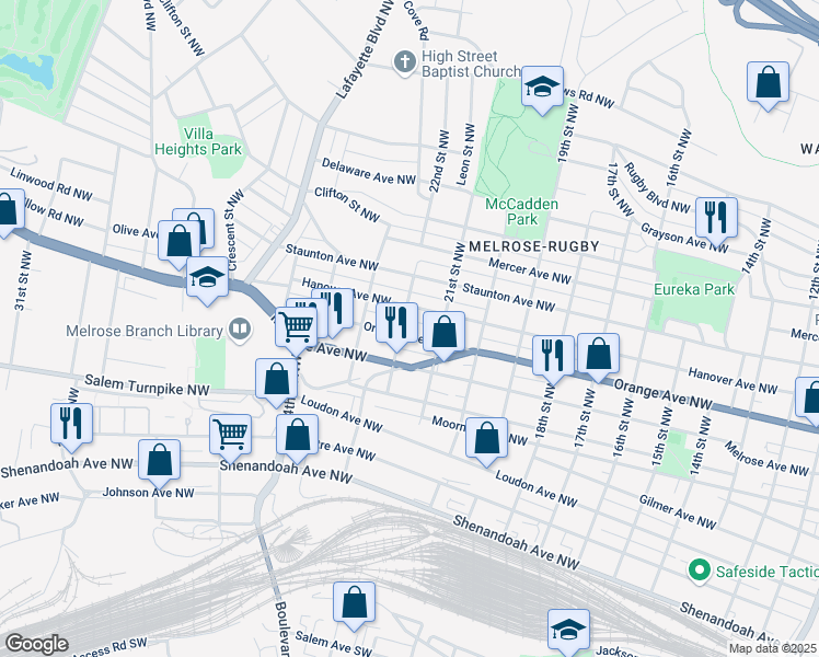 map of restaurants, bars, coffee shops, grocery stores, and more near 2110 Hanover Avenue Northwest in Roanoke