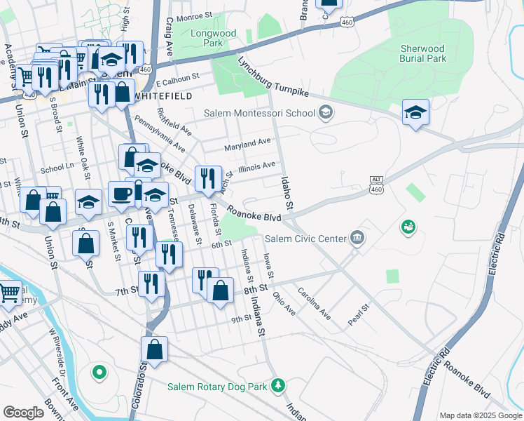 map of restaurants, bars, coffee shops, grocery stores, and more near 801 Roanoke Boulevard in Salem