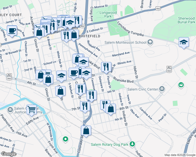 map of restaurants, bars, coffee shops, grocery stores, and more near 600 Delaware Street in Salem