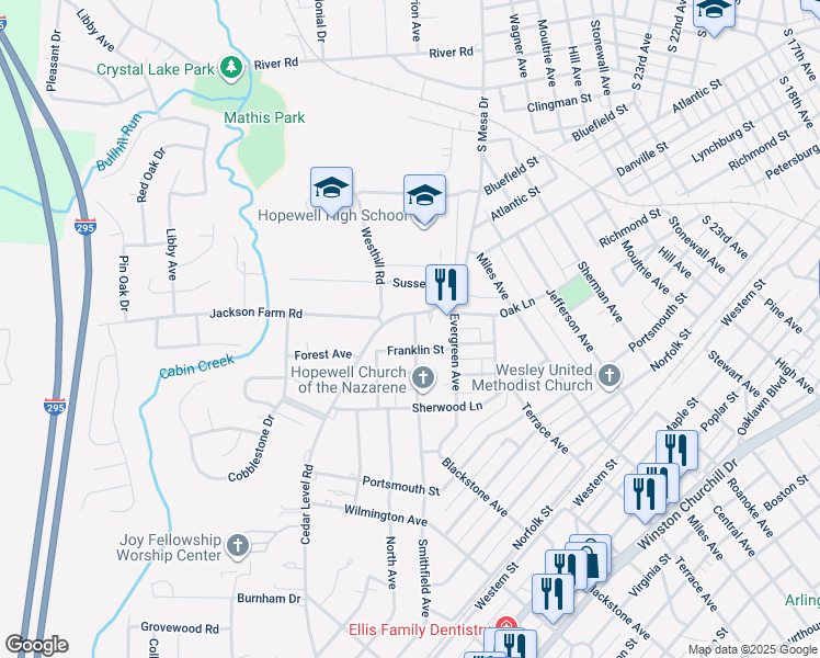 map of restaurants, bars, coffee shops, grocery stores, and more near 400 Smithfield Avenue in Hopewell